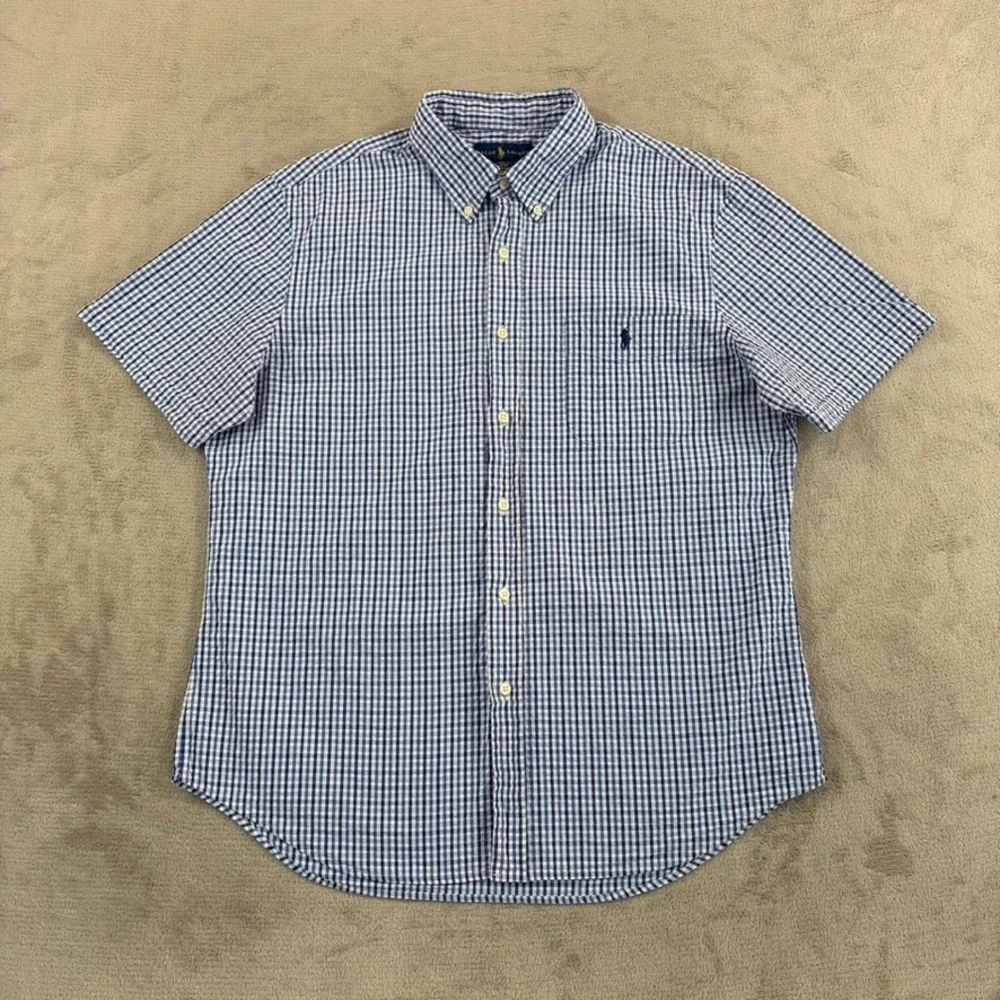 Polo Ralph Lauren Slim Fit Seersucker Shirt in Blue Gingham Check Men XL Pony